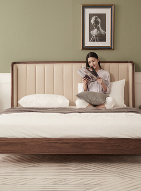 简约北欧黑胡桃木床双人床全实木高箱储物床1.8米1.5米床真皮靠背