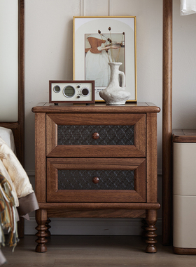 美式复古黑胡桃木床头柜实木收纳柜中古风储物柜床边柜卧室家具