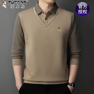 T恤上衣翻领卫衣中老年宽松打底衫 啄木鸟男士 春秋假两件纯棉长袖