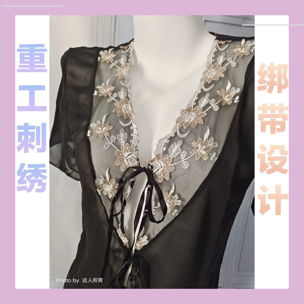 嘉莉诗雪纺重工刺绣短袖九分裤透视透明睡衣套装可内搭吊带外穿