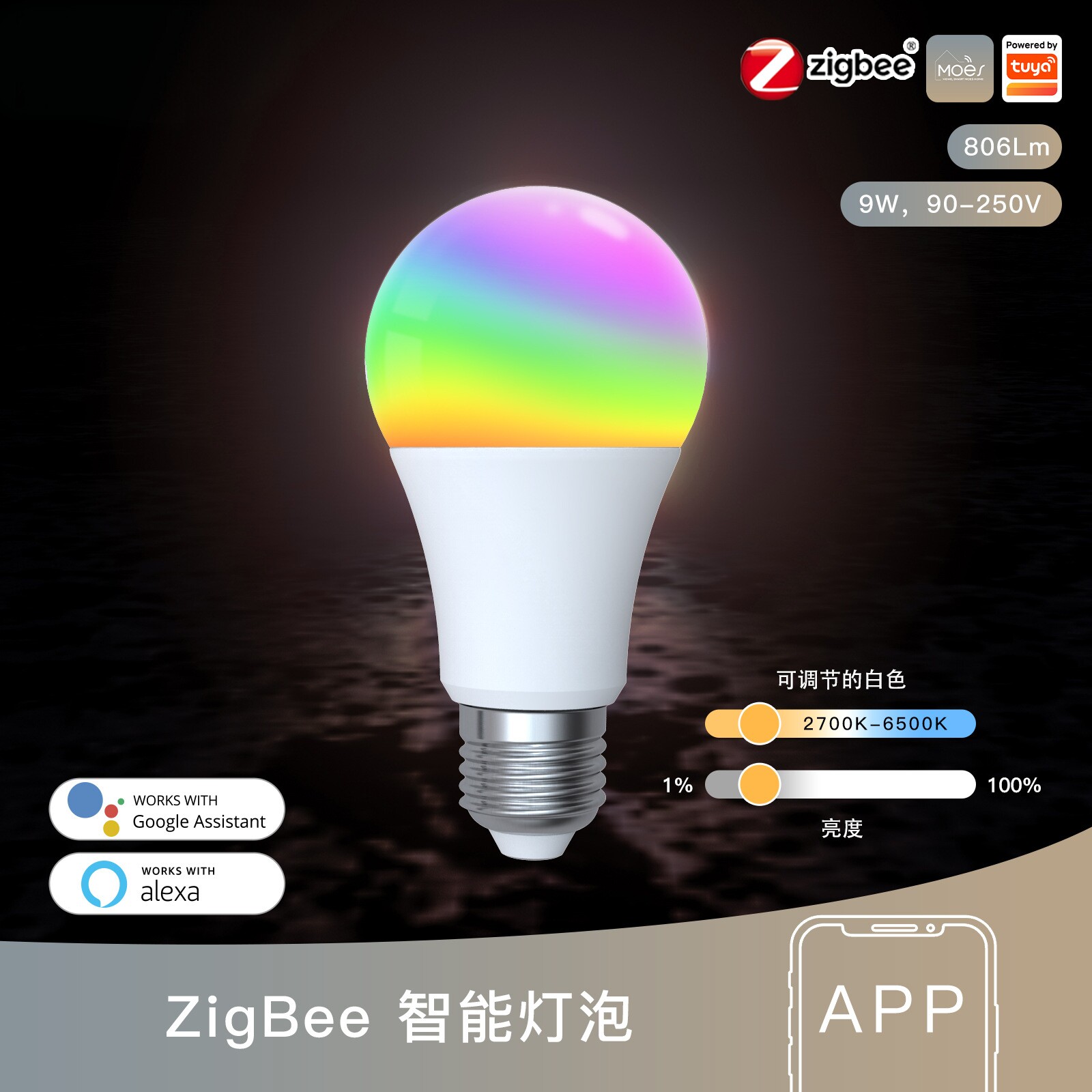 涂鸦Zigbee智能球泡灯app遥控定时语音控制9W冷暖光E27灯泡tuya