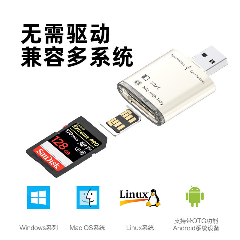 新款nm卡读卡器 多功能usb电脑sd双卡金属款二合一读卡器