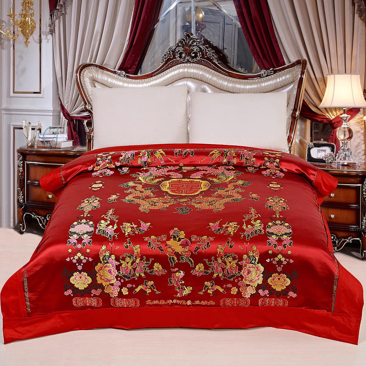 杭州丝绸织锦缎婚庆被套软锻被面绸锻被罩结婚喜被龙凤百子图