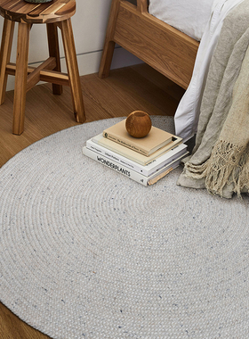 毯仓 羊毛手工编织灰色简约轻奢现代卧室书房床边毯圆毯地垫地毯