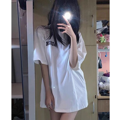 美式风白色短袖T恤女夏季新款宽松oversize字母印花中长款上衣