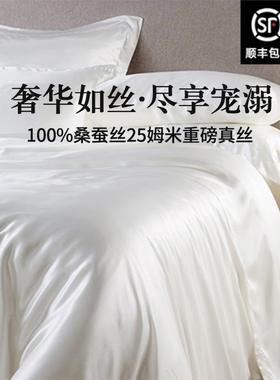 坤霏诺亚100%桑蚕丝25姆米重磅双面真丝四件套白色银色丝绸被套