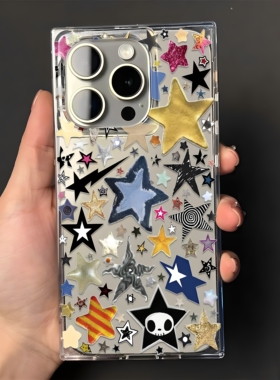 创意黑星方形壳苹果16手机壳iPhone15新款14ROMAX/13/12/11直边