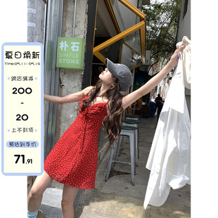 馨帮帮自制海边度假红色裙子女夏季 系带蝴蝶结吊带连衣裙 2024新款
