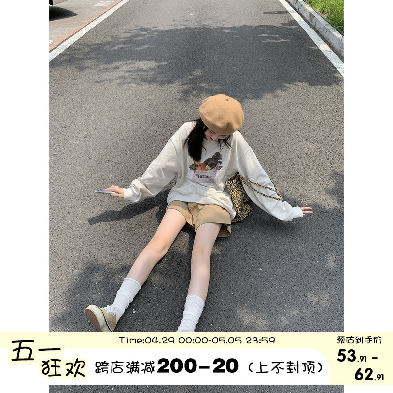 馨帮帮 上衣冬季2024新款设计感小众灰色套头宽松圆领加绒卫衣女