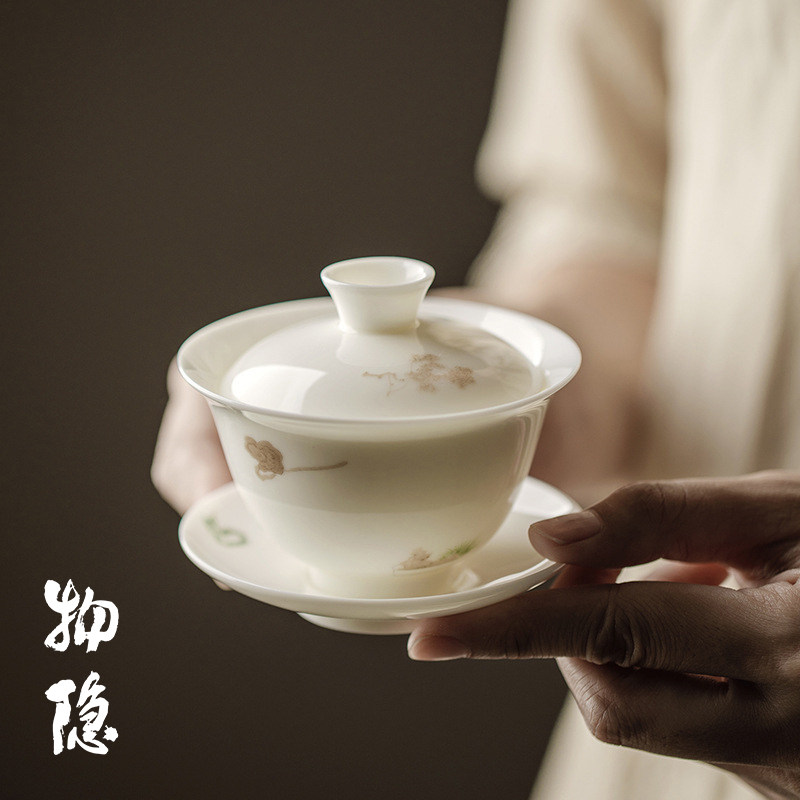 物隐堂丨纯手工三才盖碗茶杯白瓷单个薄胎陶瓷泡茶碗功夫茶具中式
