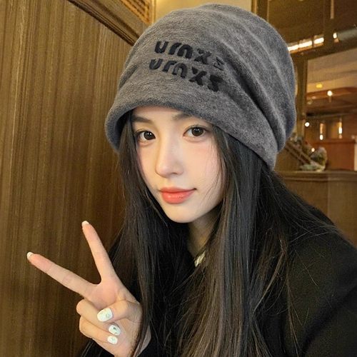 灰色含羊毛堆堆帽子女秋冬季大头围保暖护耳包头冷帽子显脸小