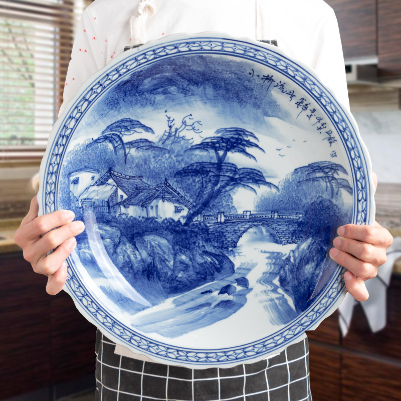 新中式手绘青花山水人家盘子摆件超大盘鱼盘菜盘家用酒店餐具特大
