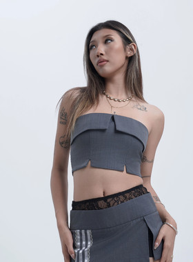 IAMYOYO siren的v角西装抹胸背心两穿office办公室海妖heels辣妹