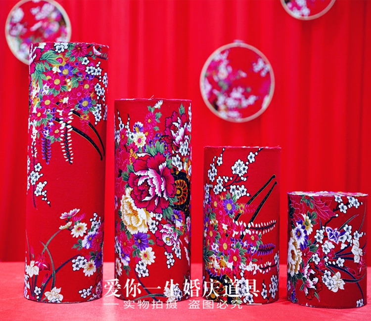 中式婚礼道具用品中式婚庆道具摆件婚庆圆柱花布四件套迎宾曲摆件