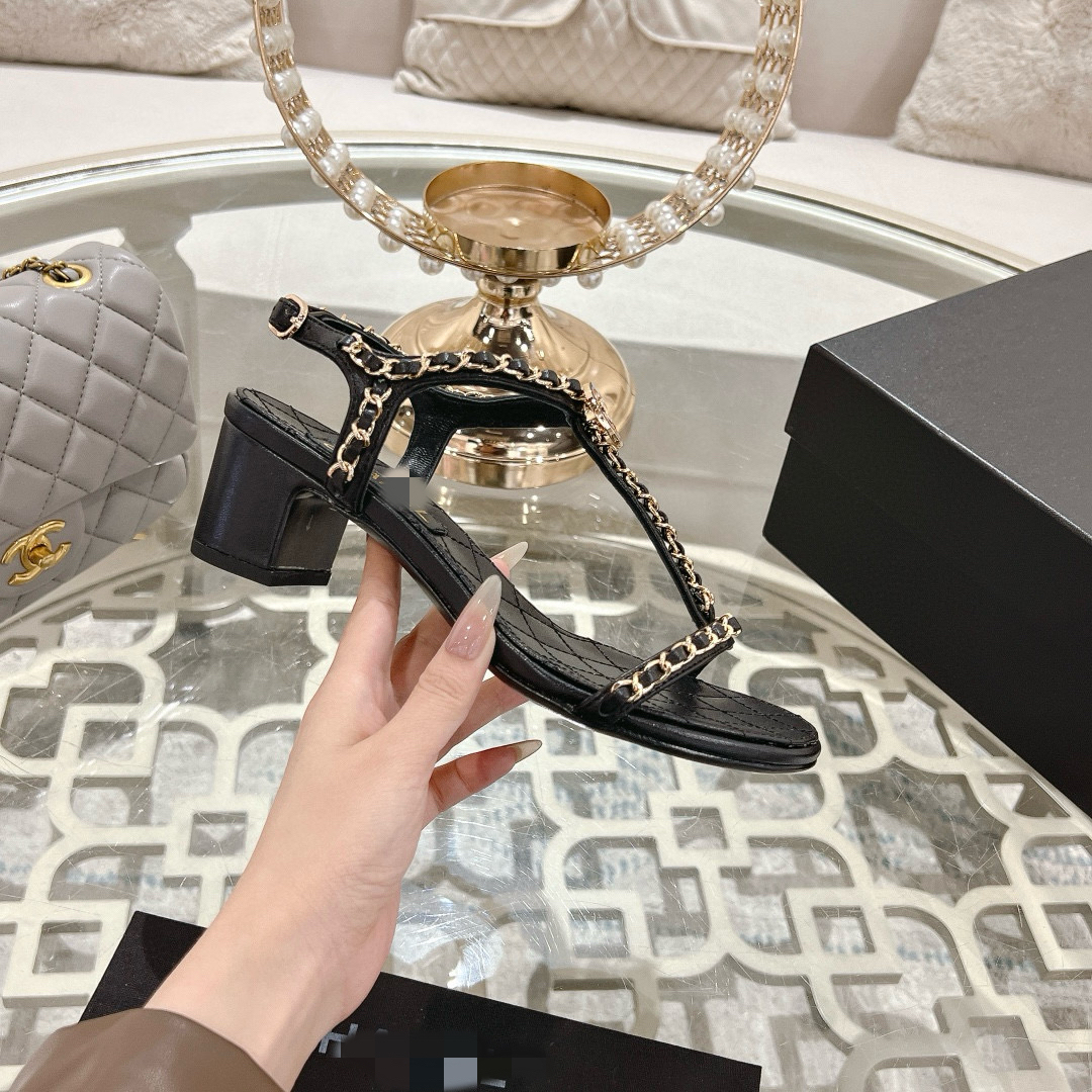 5cm牛皮链条拖鞋粗跟大码35-42简约百搭女鞋2025