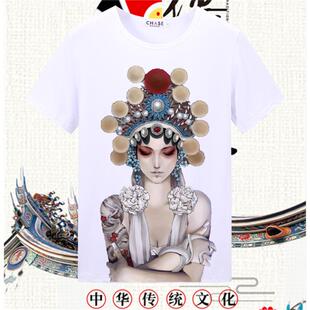 夏季 中国风京剧花旦脸谱短袖 T恤印花休闲宽松圆领半袖 上衣服 新款