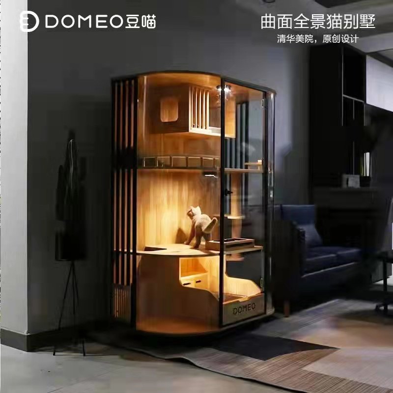 DOMEO豆喵原创曲面全景猫别墅玻璃透明豪华实木猫柜猫舍猫咖展柜
