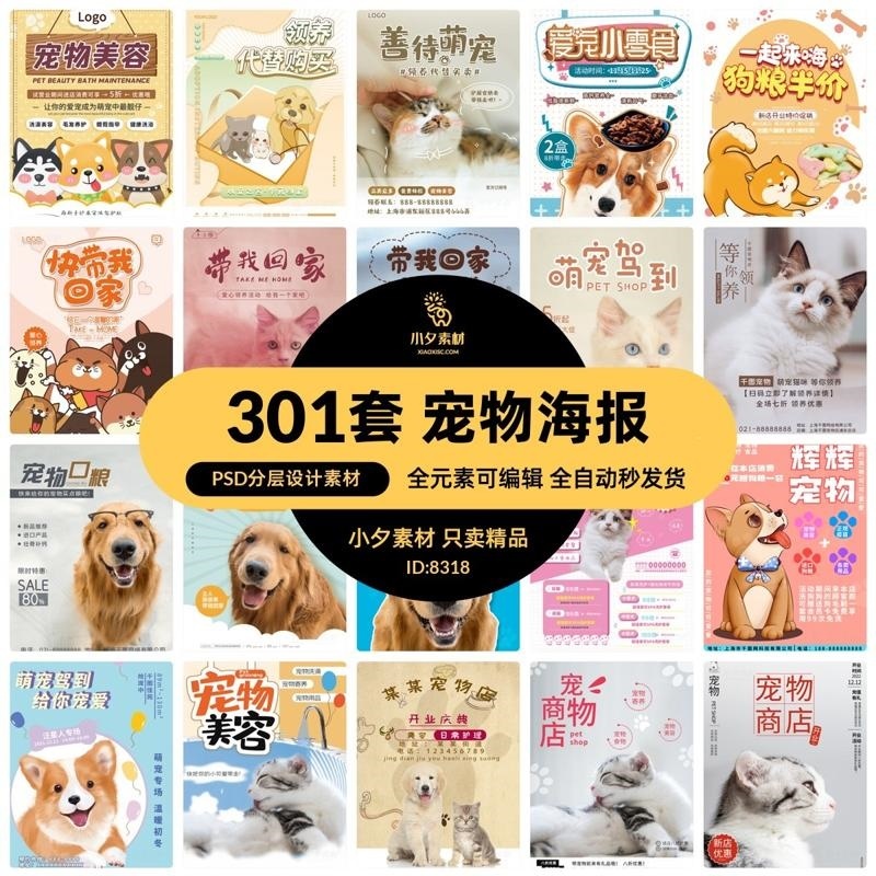 宠物猫宠物狗宠物商店猫粮狗粮美容海报模板PSD分层设计素材