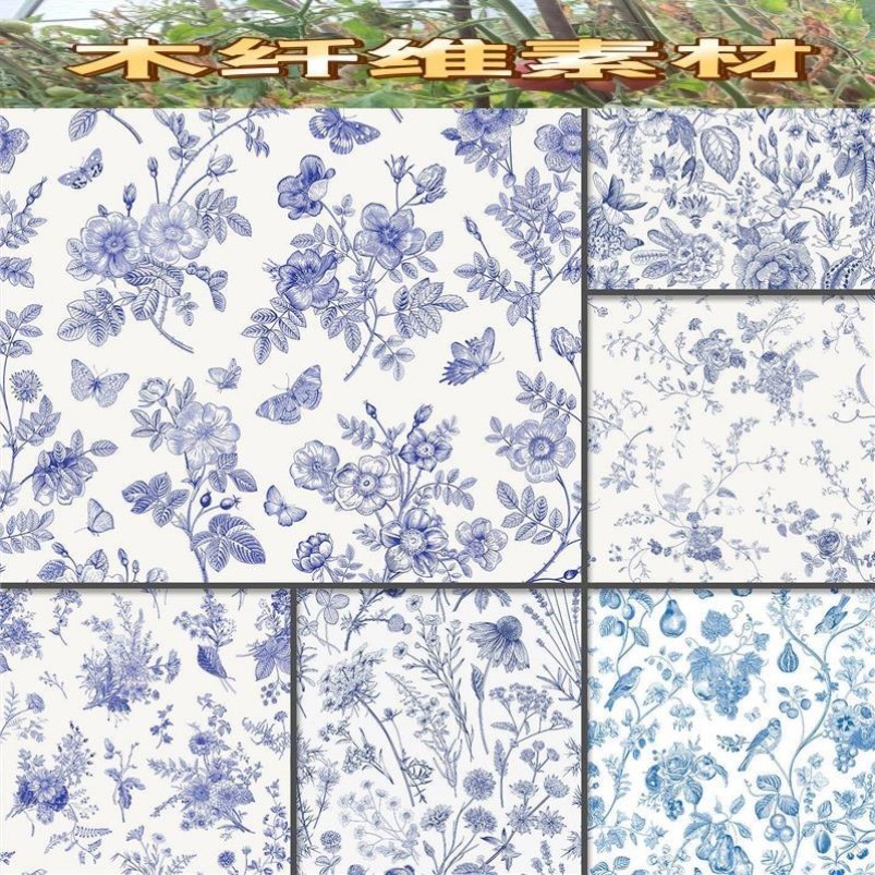 精美的蓝色手绘素描线描花草植物花鸟印花图案AI矢量设计素材