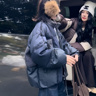 合肥欢欢 90白鸭绒时髦拼接面包保暖立领羽绒服女3898 暖阁民宿