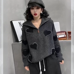 合肥欢欢 秋冬百搭宽松拉链翻领加厚套头休闲毛衣女冬2601 心动