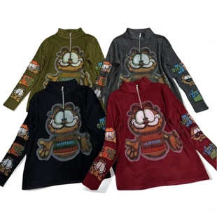 合肥欢欢 百搭显瘦宽松拉链德绒连帽印花卫衣女冬8775 加菲猫