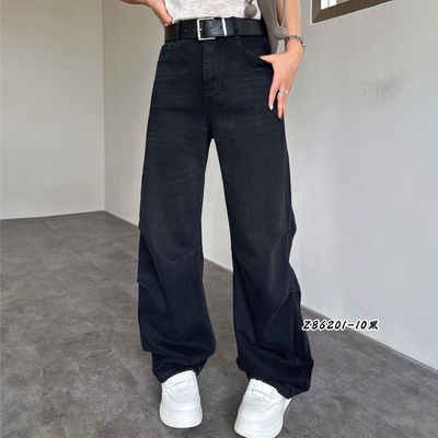 合肥欢欢 86201“暗夜驰野”秋冬休闲百搭复古褶皱弯刀牛仔裤女潮