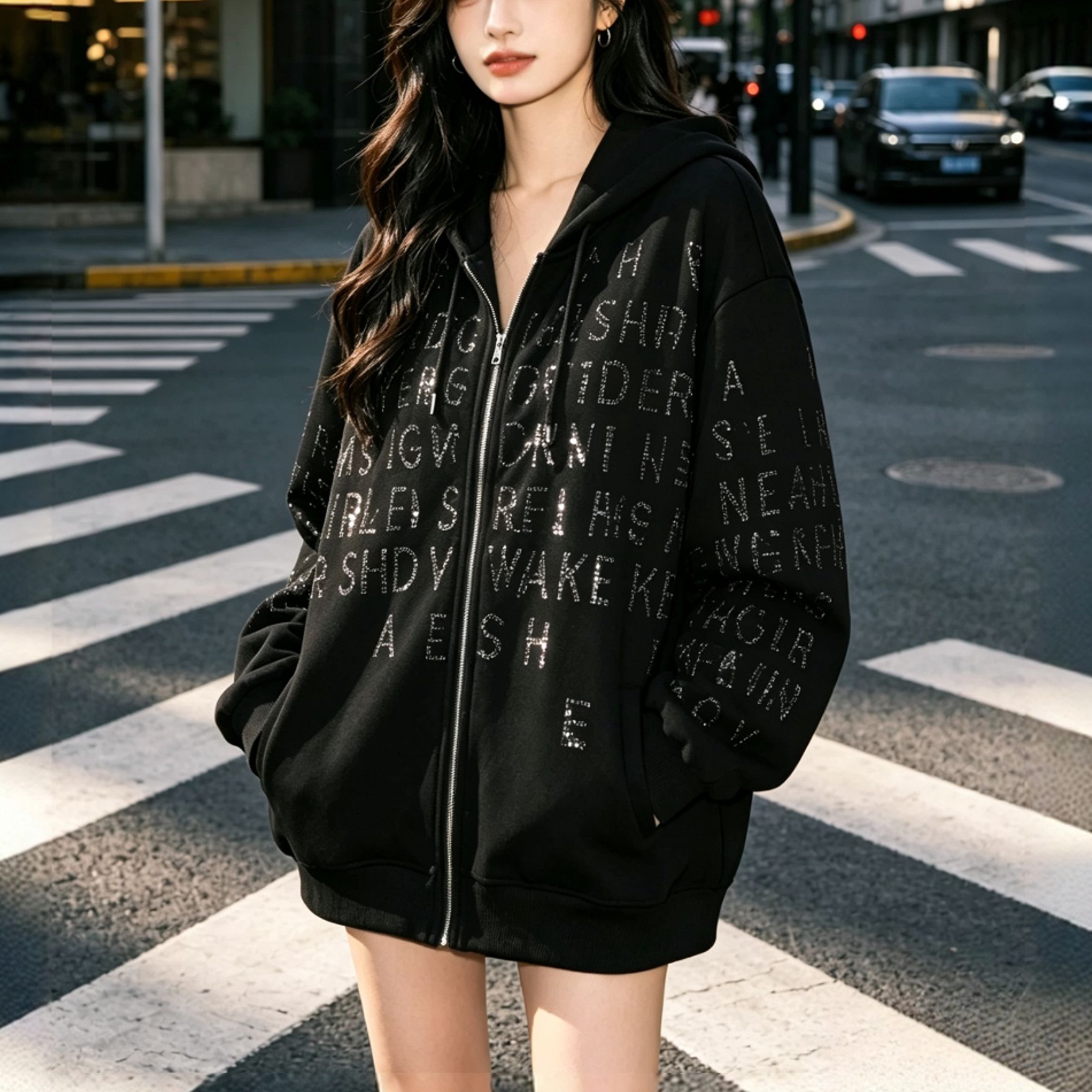 潮牌烫钻宽松连帽外套女