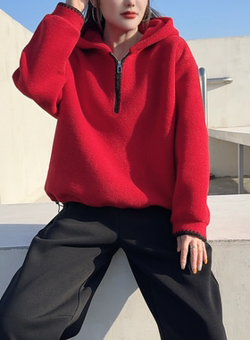 合肥欢欢“暖宝宝”冬季宽松休闲连帽加绒保暖毛呢卫衣女25773