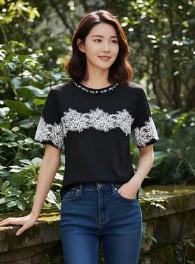满天星钉钻蕾丝短袖T恤女