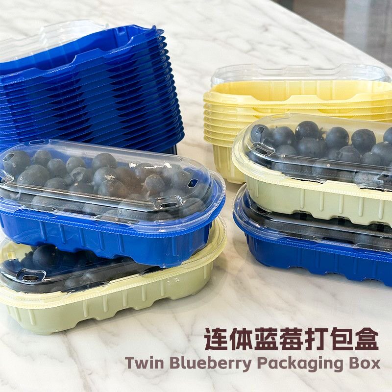 一次性双色水果打包盒蓝莓草莓200克装蓝底透明盖带孔水果盒