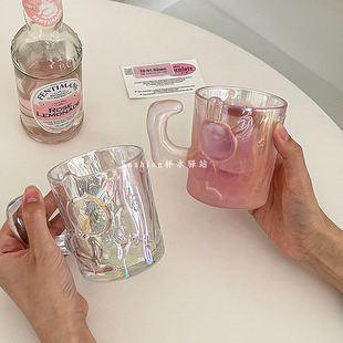 限定款七彩浮雕玻璃杯可爱少女心兔兔杯情侣款咖啡杯创意卡通把杯