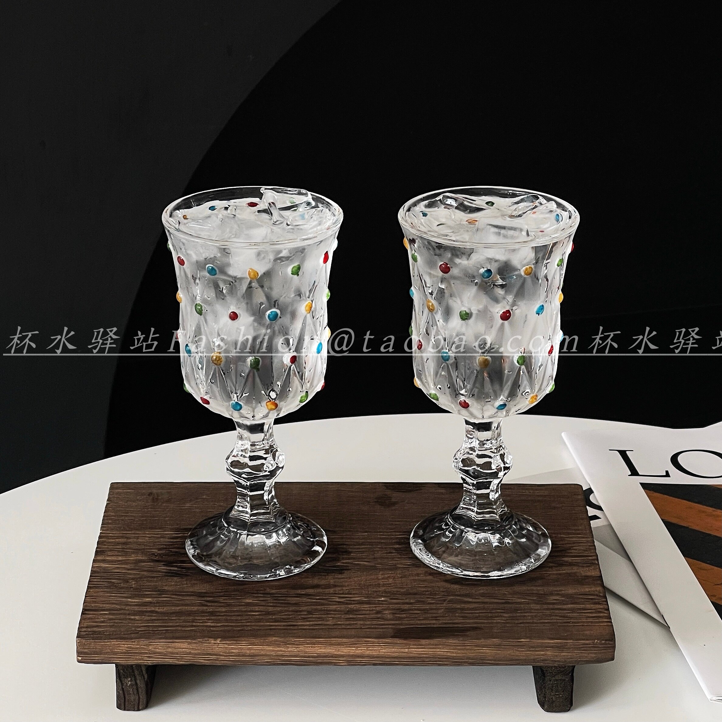 复古彩色珠点高脚玻璃杯