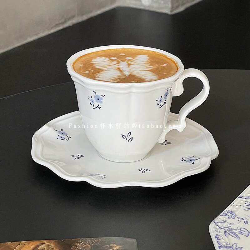 法式中古风蓝色碎花拿铁杯碟