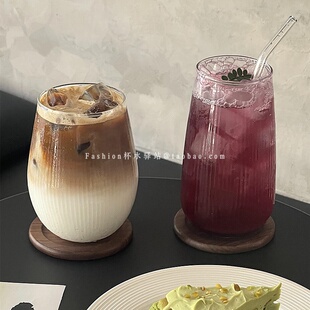 简约ins风夏日耐热玻璃水杯果汁杯高颜值条纹特调气泡水杯咖啡杯