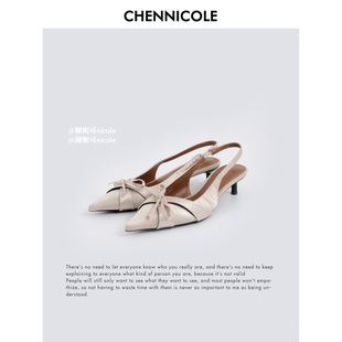 Chennicole 塔莎花园 新款细跟蝴蝶结凉鞋春季复古新中式尖头单鞋