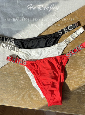 独立水钻闪耀高叉性感丁字裤LOGO无痕内裤女黑白色大红TBACK高腰