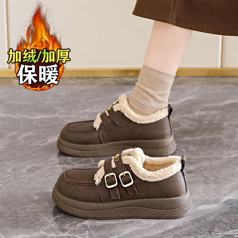 棕色小皮鞋厚底勃肯棉鞋
