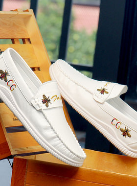 2025年新款男士精神小伙男鞋真皮休闲鞋夏白色豆豆皮鞋软底软面