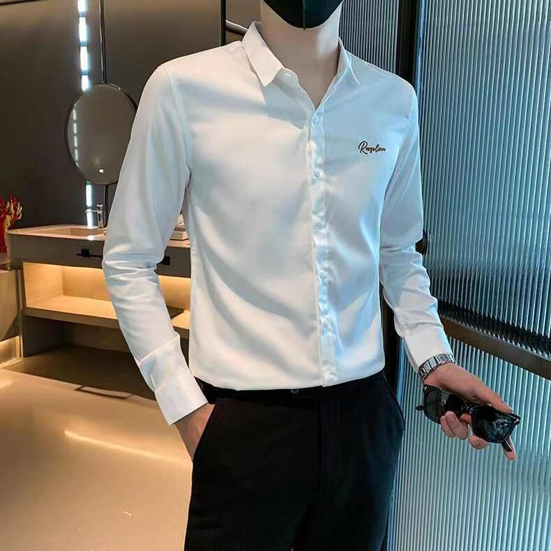 微弹刺绣衬衫男士长袖潮流痞帅休闲网红青年修身韩版学生上衣男装