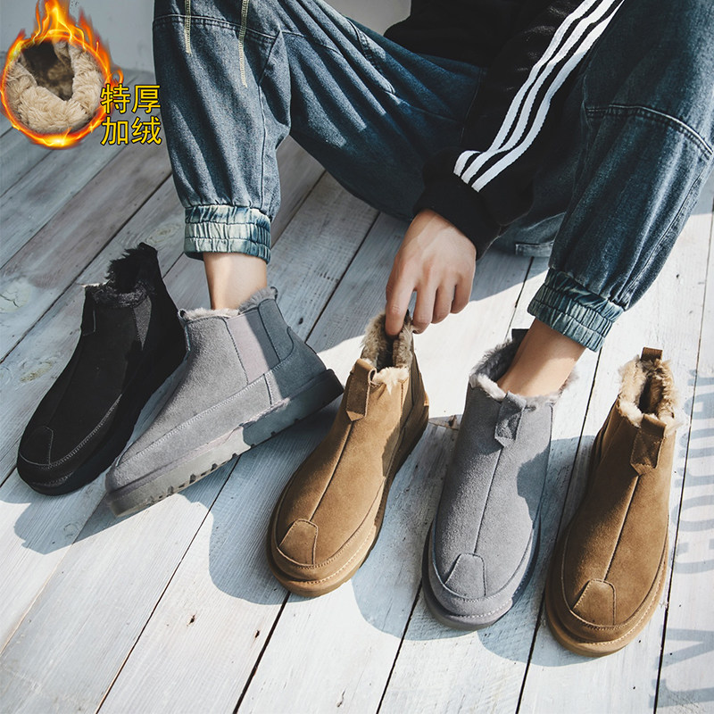 MENS SNOW BOOTS WINTER PLUS VELVET WARM COTTON SHORT BOOTS LEATHER HIGH-TOP COTTON SHOES TIDE THICKENING NON-SLIP BREAD SHOES MEN