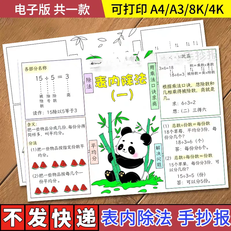 表内除法一手抄报电子模板数学二年级下册第二单元思维导图线描稿