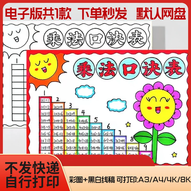 乘法口诀表手抄报小九九小报电子模板小学生数学主题黑白线稿A4A3