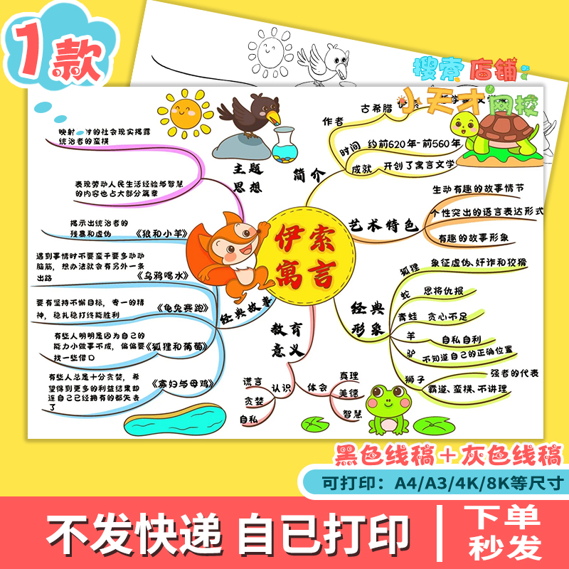 伊索寓言故事阅读书思维导图黑白线描涂色空白模板学生手抄报线稿