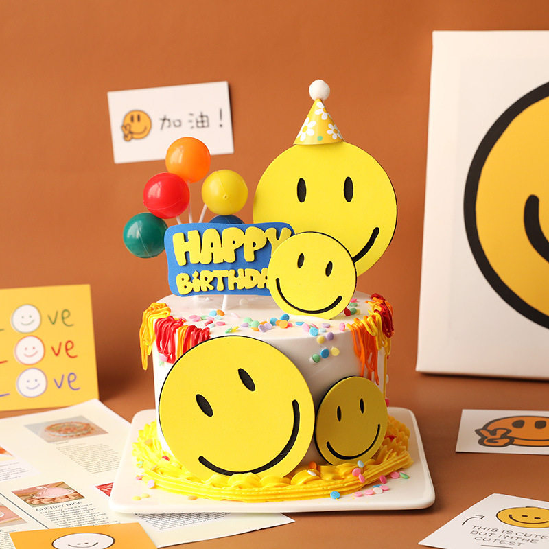 eva大笑脸表情ins风蛋糕装饰插件夏日迷你帽儿童彩色小气球插牌