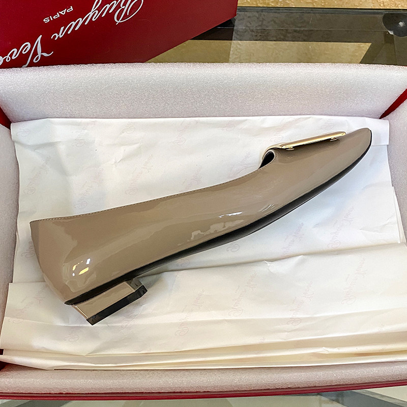 工厂关闭 高端版RV平跟漆皮方扣2.5cm大象灰真皮女单鞋特价清仓