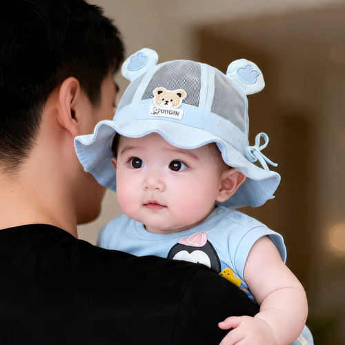 婴儿帽子夏季薄款网眼可爱渔夫调节帽男女宝宝小月龄遮阳防晒盆帽