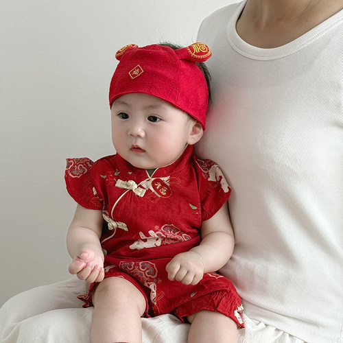 红色喜庆婴儿帽子夏季男女宝宝新生满月胎帽纯棉囟门小月龄空顶帽