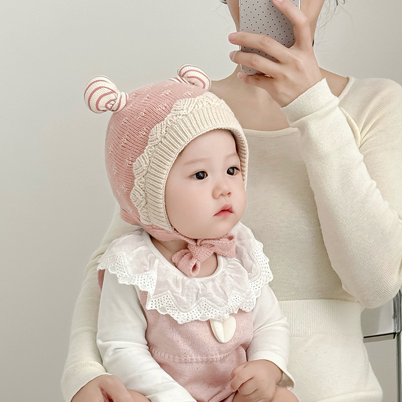 婴儿帽子秋冬季保暖加厚针织护耳帽男女宝宝小月龄新生系带毛线帽