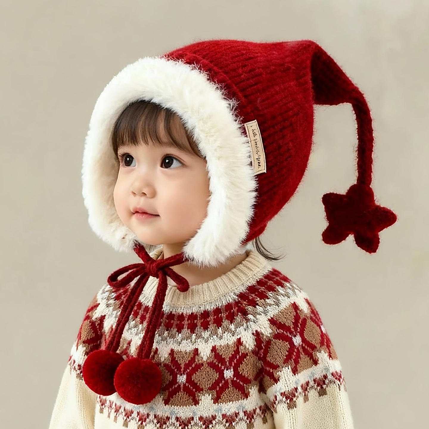 儿童圣诞帽子秋冬季保暖针织护耳帽男女宝宝毛线帽红色新年喜庆潮